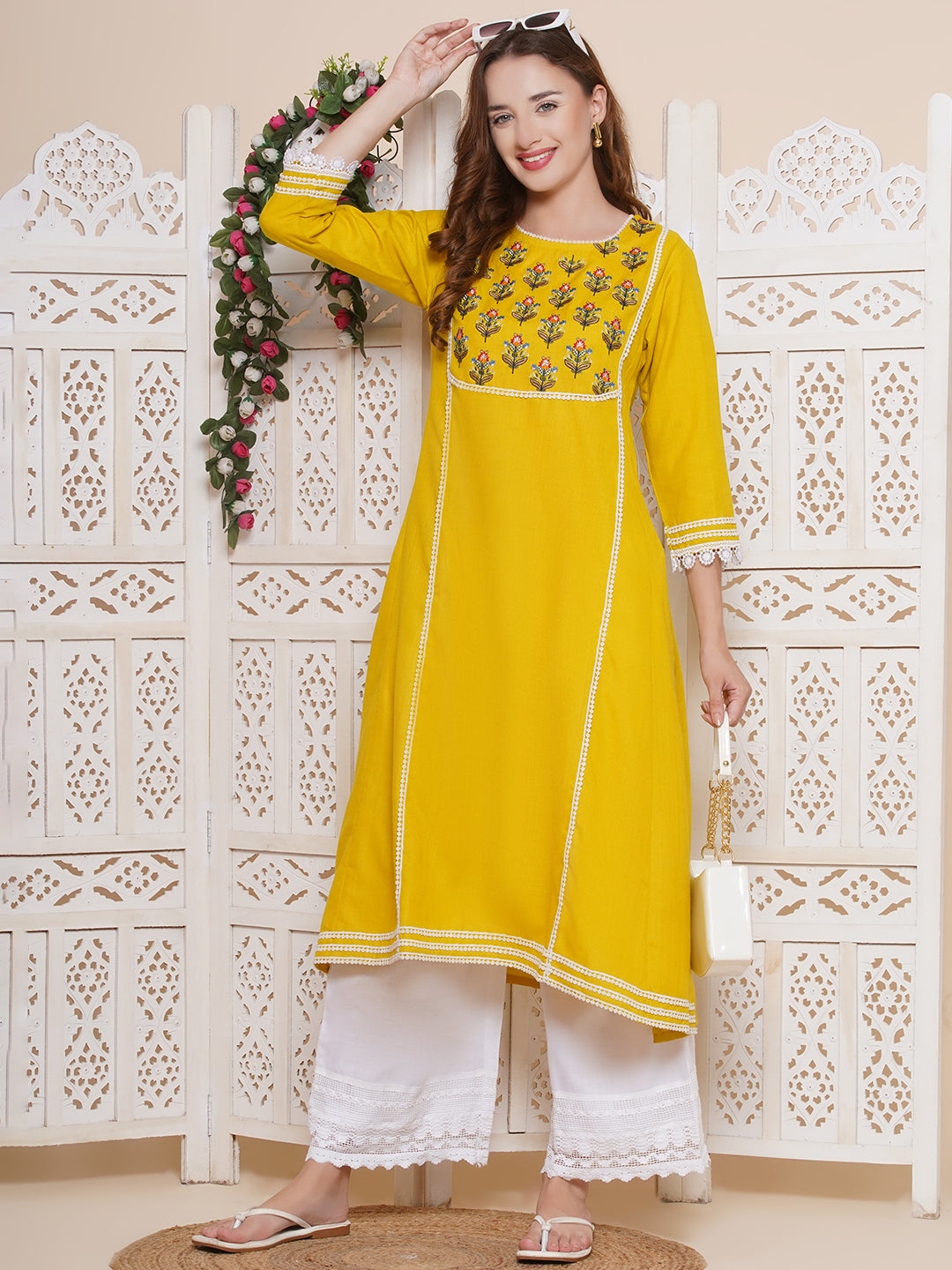 Buy BHATI S.H. Fashion Woman Rayon Lahariya Print U Shape Lace Work Kurti |  Striped Design | 3/4 Sleeve | Straight Embroidery Work | Round Neck Casual  Kurti for Wedding (2XL, Pink) at Amazon.in